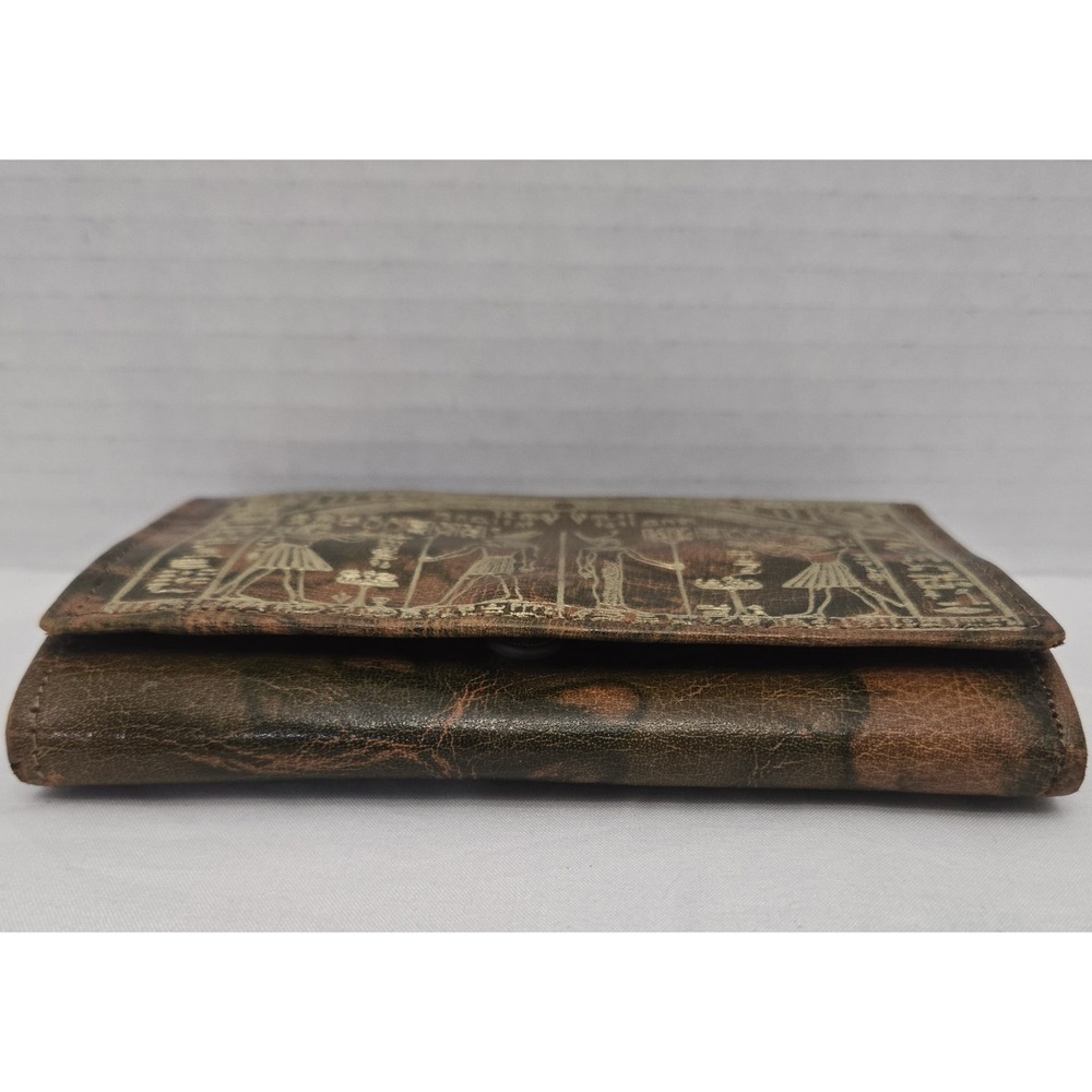 Vtg 70s Egyptian Camel Leather Trifold Wallet Purse Gold Embossed Pharaonic Art - Picture 5 of 13